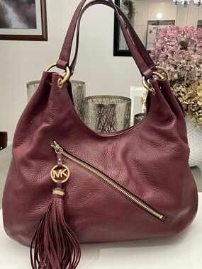 Michael Kors Maroon Pebbled Leather Shoulder Hobo with Tassel